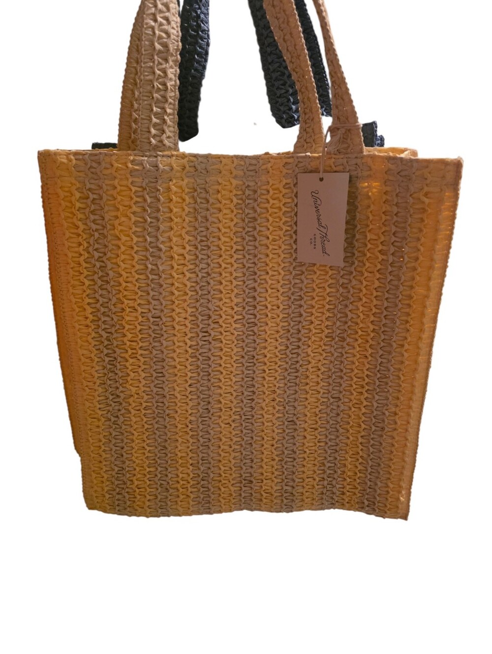 NWT Woven Straw Tote Bag - Natural with Black Handles